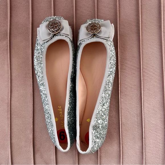 kate spade silver glitter ballet flats with bow and gold medallion - Picture 2 of 7